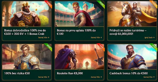 Casinia Casino – Uzivaj u ekskluzivnim bonusima i turnirima uz sjajne nagrade! Bonus ponude u Casinia Casinu – dobrodoslica do €500 + 200 BV + 1 Bonus Crab, bonus na prvu uplatu do €100, turniri sa nagradnim fondom od €6,000,000, povrat novca, bonus bez rizika i promocija Roulette Run.