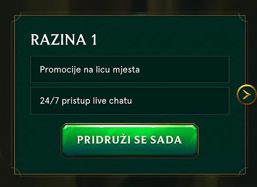 Casinia VIP klub – Razina 1 pogodnosti. VIP razina 1 – Promocije na licu mjesta i 24/7 pristup live chatu.