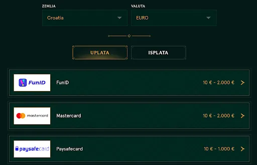Metode uplate za Hrvatsku u valuti euro – minimalni i maksimalni iznosi. Pregled dostupnih metoda za uplatu u Hrvatskoj – FunID, Mastercard i Paysafecard, s limitima od 10 € do 2.000 €.